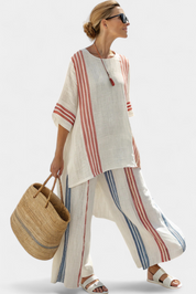 Solvane | Sophisticated Multicolour Striped Top & Mediterranean Trousers