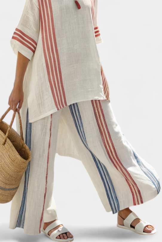 Solvane | Sophisticated Multicolour Striped Top & Mediterranean Trousers