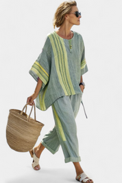 Elowric | Elegant Lavender Top & Mustard Striped Trousers