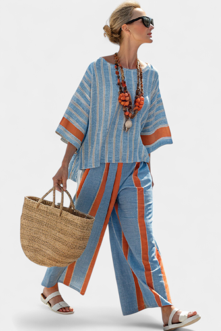 Velmere | Sophisticated Terracotta Striped Top & Linen Trousers