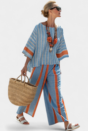 Velmere | Sophisticated Terracotta Striped Top & Linen Trousers