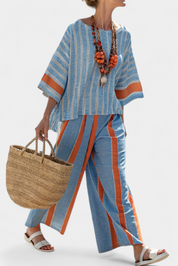 Velmere | Sophisticated Terracotta Striped Top & Linen Trousers