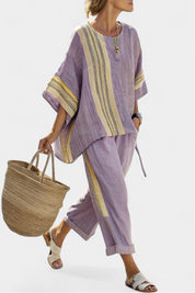 Elowric | Elegant Lavender Top & Mustard Striped Trousers