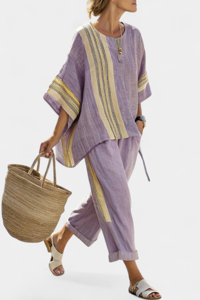 Elowric | Elegant Lavender Top & Mustard Striped Trousers