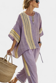 Elowric | Elegant Lavender Top & Mustard Striped Trousers