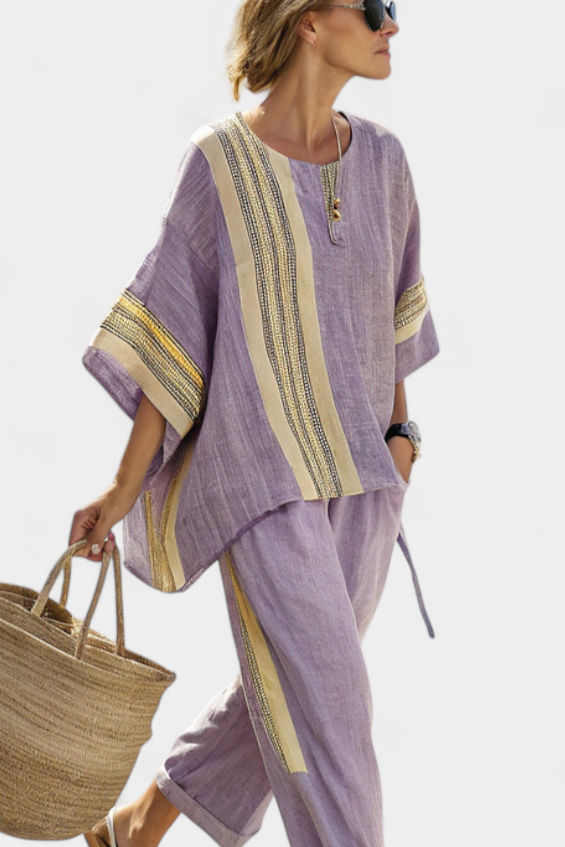 Elowric | Elegant Lavender Top & Mustard Striped Trousers
