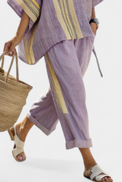 Elowric | Elegant Lavender Top & Mustard Striped Trousers