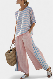Virella | Elegant Pink-Blue Linen Blouse & Soft Trousers