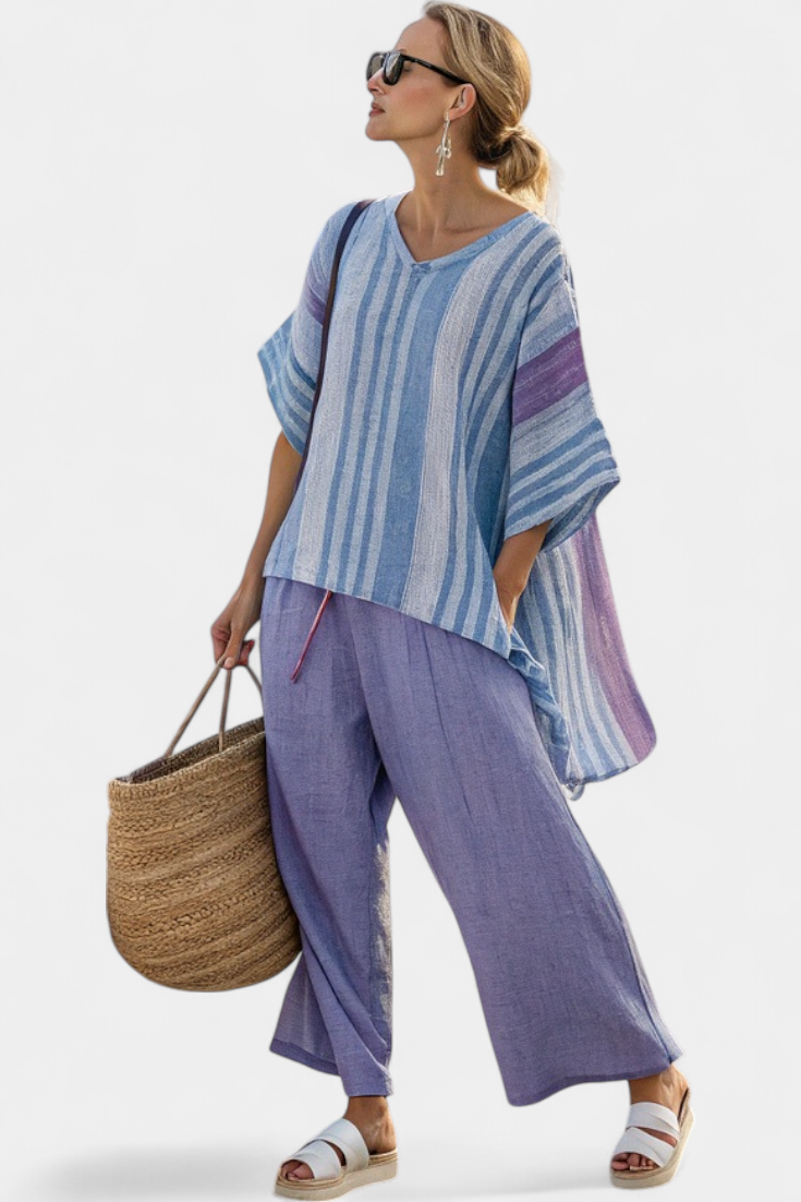 Zellora | Elegant Lavender & Sky Blue Top & Linen Trousers