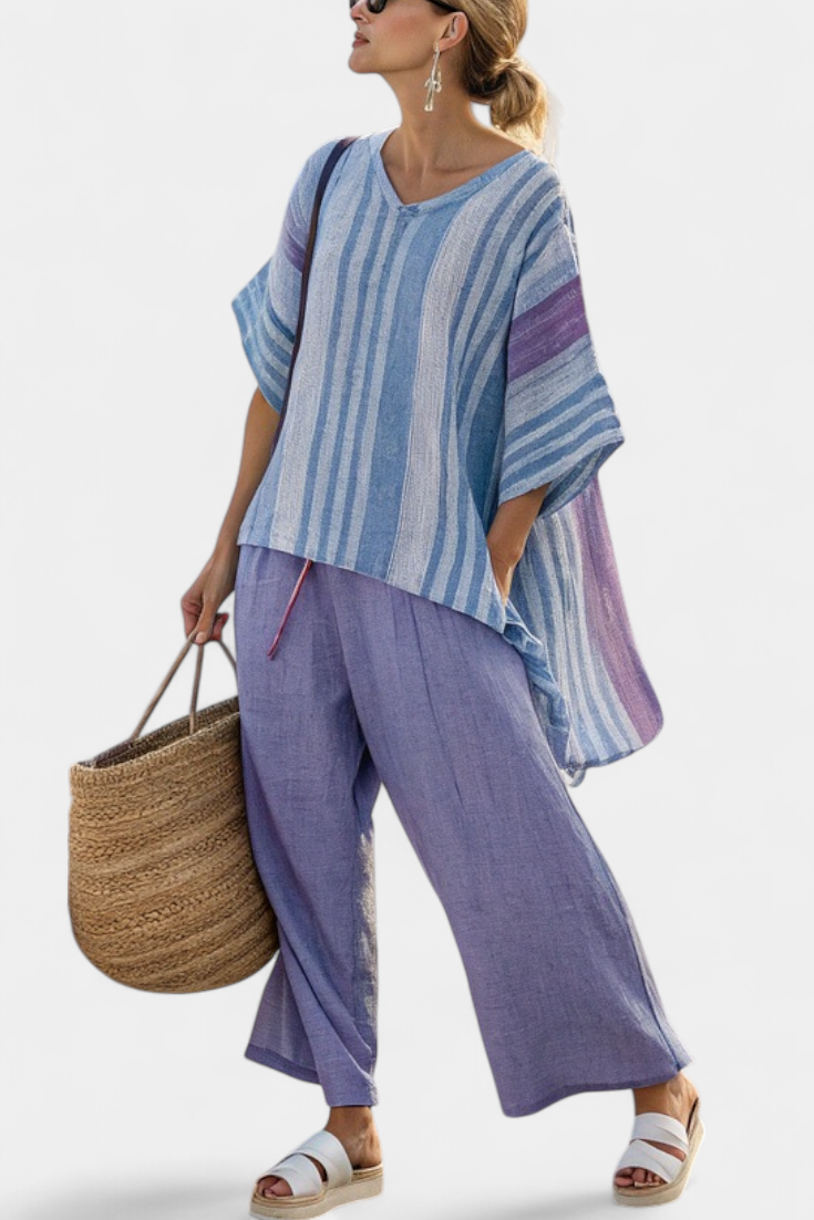 Zellora | Elegant Lavender & Sky Blue Top & Linen Trousers