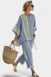 Elowric | Elegant Lavender Top & Mustard Striped Trousers