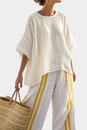 Anselor | Elegant Yellow Striped Linen Top & Wide-Leg Trousers
