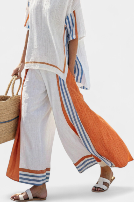 Thorneil | Comfortable Wide-Leg Striped Trousers & Linen Top