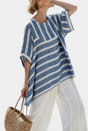 Corvielle | Sophisticated Blue Striped Top & Hem-Detailed Trousers
