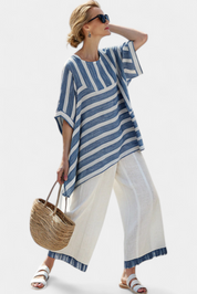 Corvielle | Sophisticated Blue Striped Top & Hem-Detailed Trousers