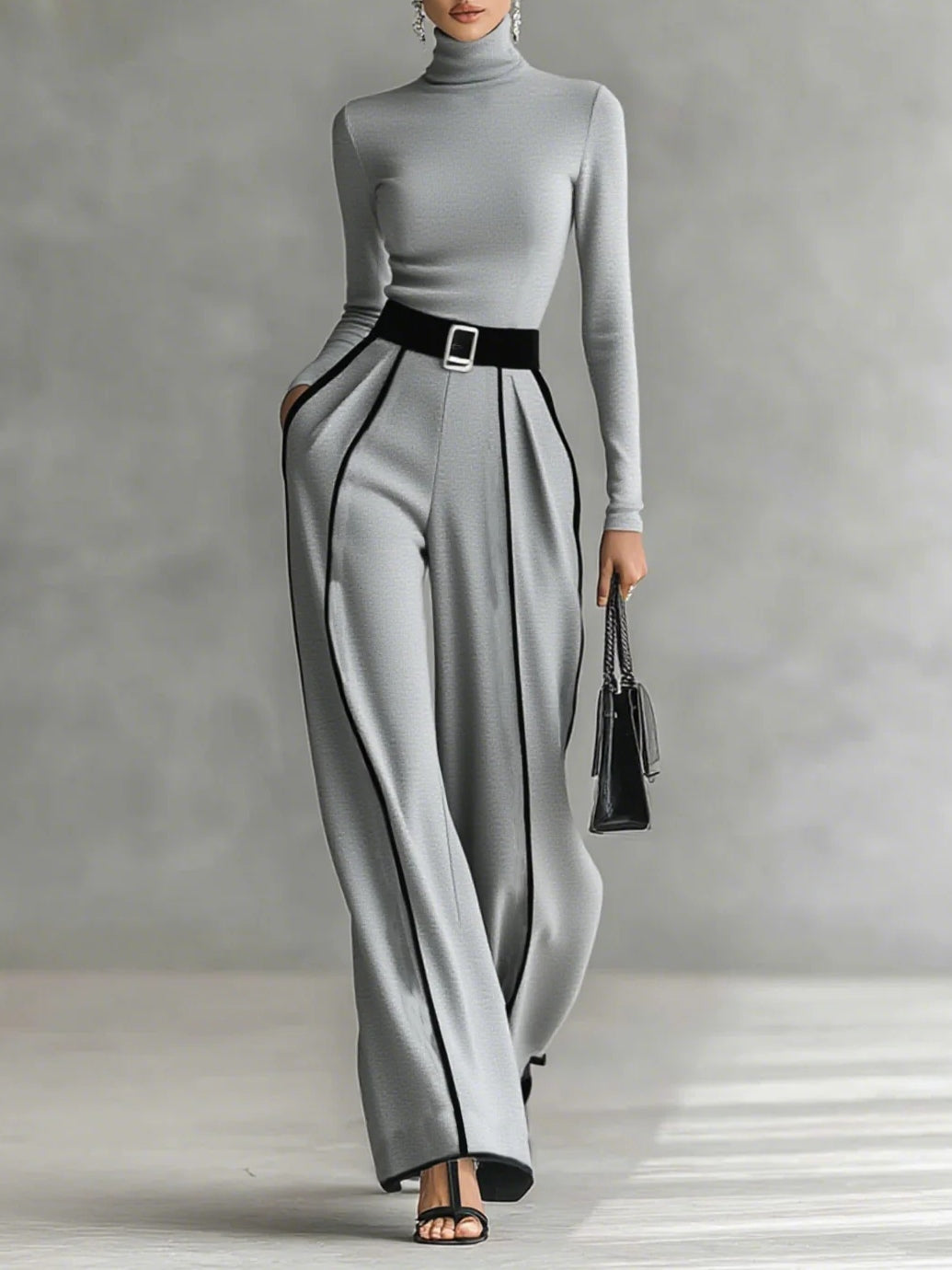 Nia | Long Sleeve Top with Wide Leg Trousers and Belt Set