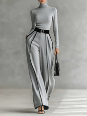Nia | Long Sleeve Top with Wide Leg Trousers and Belt Set
