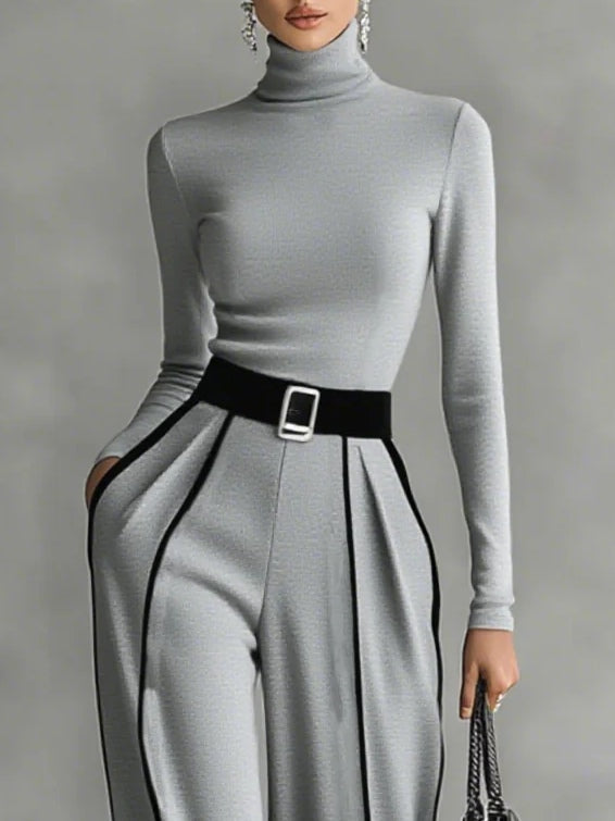 Nia | Long Sleeve Top with Wide Leg Trousers and Belt Set