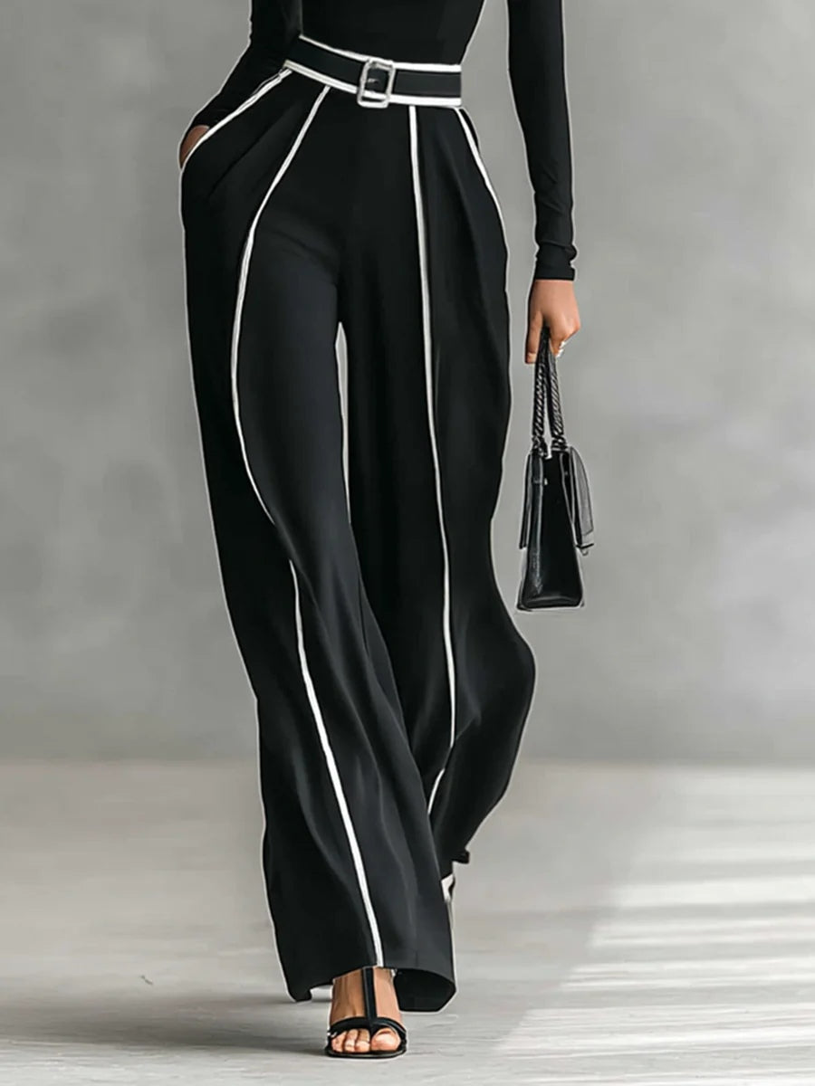 Nia | Long Sleeve Top with Wide Leg Trousers and Belt Set