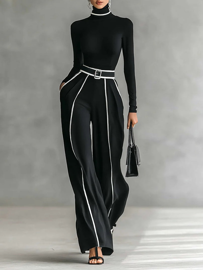 Nia | Long Sleeve Top with Wide Leg Trousers and Belt Set