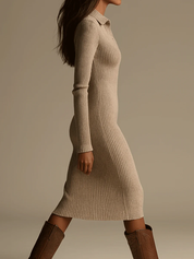 Ruby | Beige Ribbed Knit Midi Dress