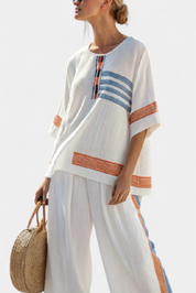 Marcellin | Sophisticated Blue-Orange Striped Top & Trousers