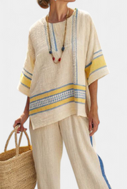 Jaxmere | Comfortable Blue-Yellow Mediterranean Top & Linen Trousers