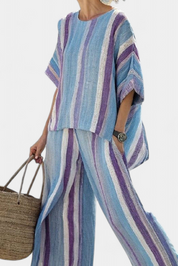 Faelith | Elegant Mauve Pastel Top & Striped Linen Trousers