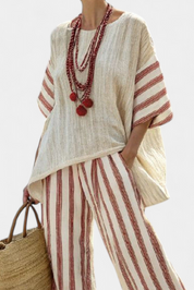 Braelith | Elegant Rustic Striped Top & Cream Linen Trousers