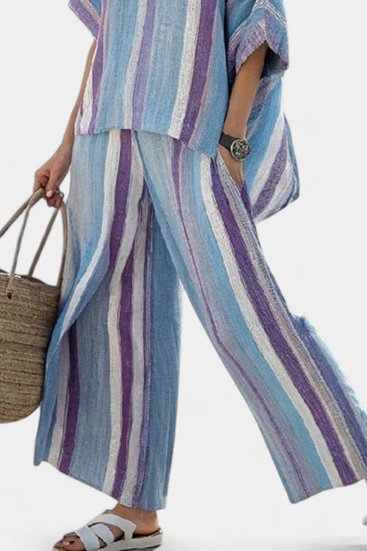 Faelith | Elegant Mauve Pastel Top & Striped Linen Trousers