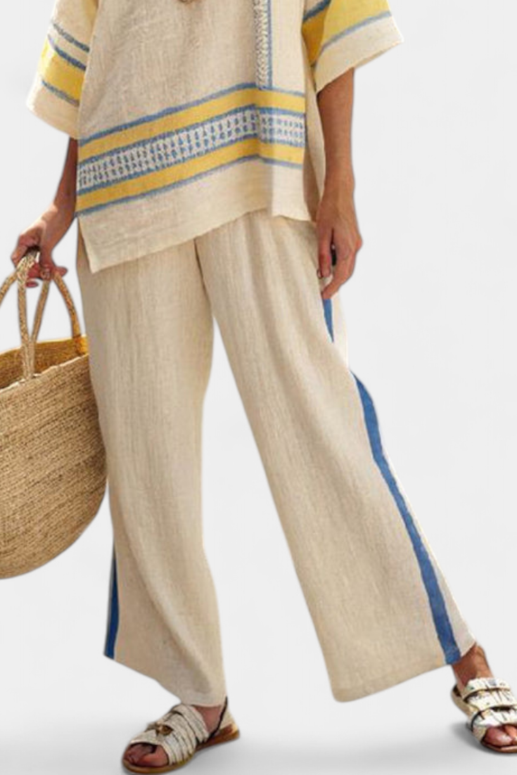 Jaxmere | Comfortable Blue-Yellow Mediterranean Top & Linen Trousers