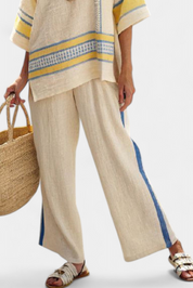 Jaxmere | Comfortable Blue-Yellow Mediterranean Top & Linen Trousers