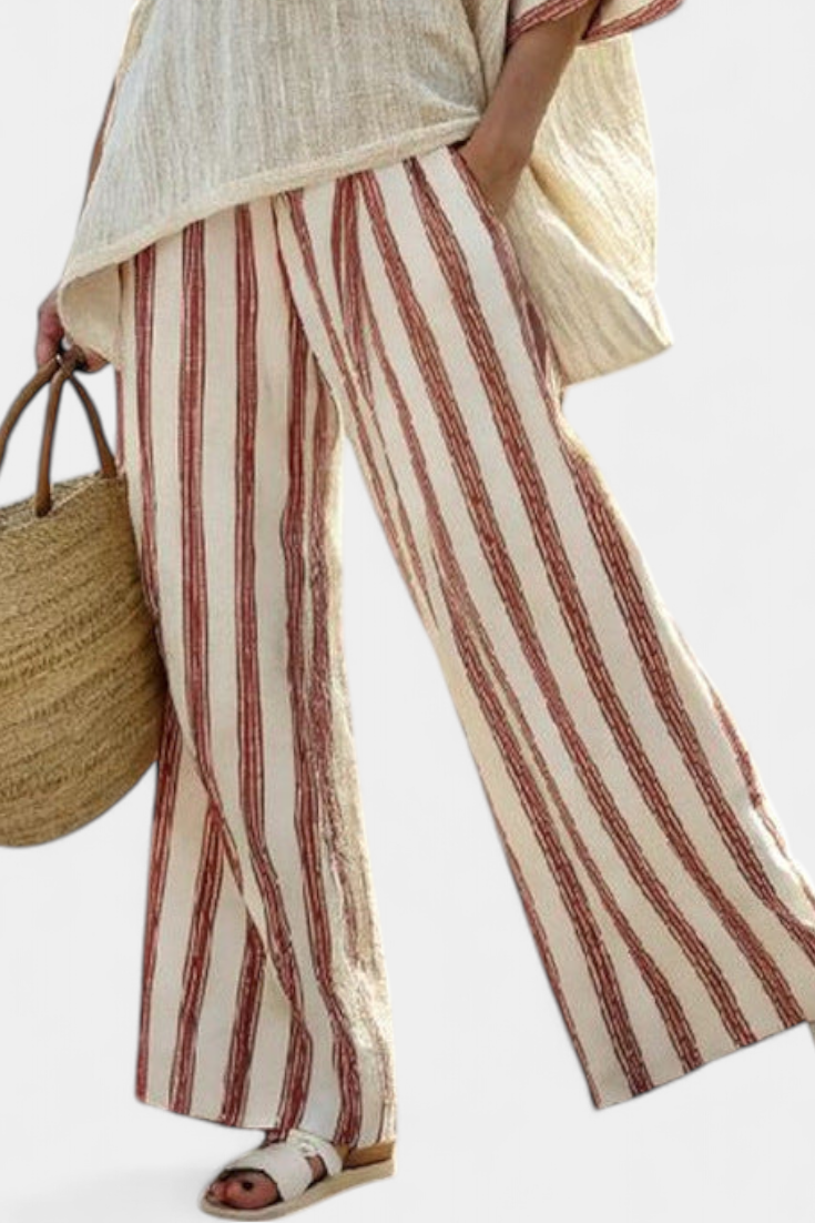 Braelith | Elegant Rustic Striped Top & Cream Linen Trousers