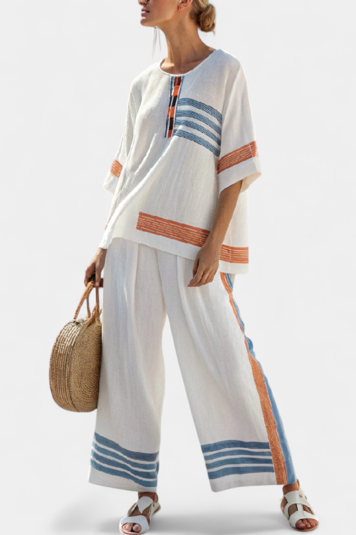 Marcellin | Sophisticated Blue-Orange Striped Top & Trousers