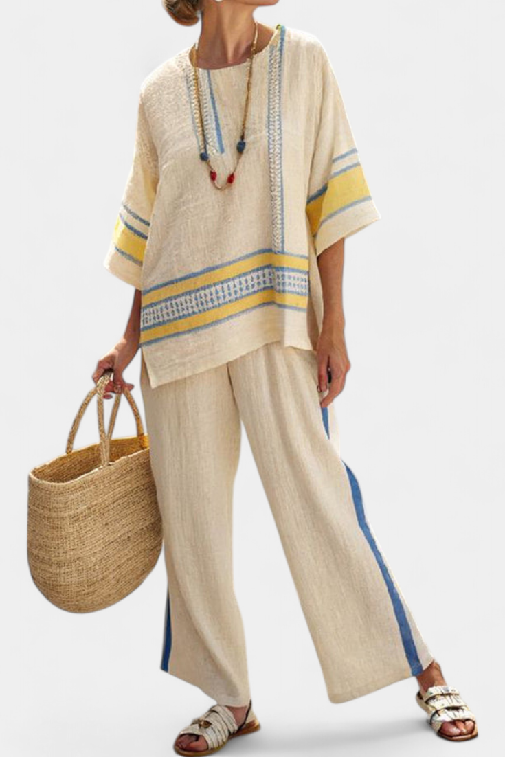 Jaxmere | Comfortable Blue-Yellow Mediterranean Top & Linen Trousers