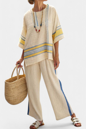 Jaxmere | Comfortable Blue-Yellow Mediterranean Top & Linen Trousers