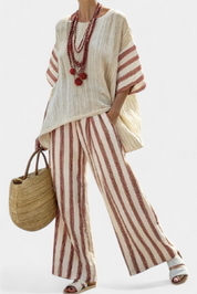 Braelith | Elegant Rustic Striped Top & Cream Linen Trousers