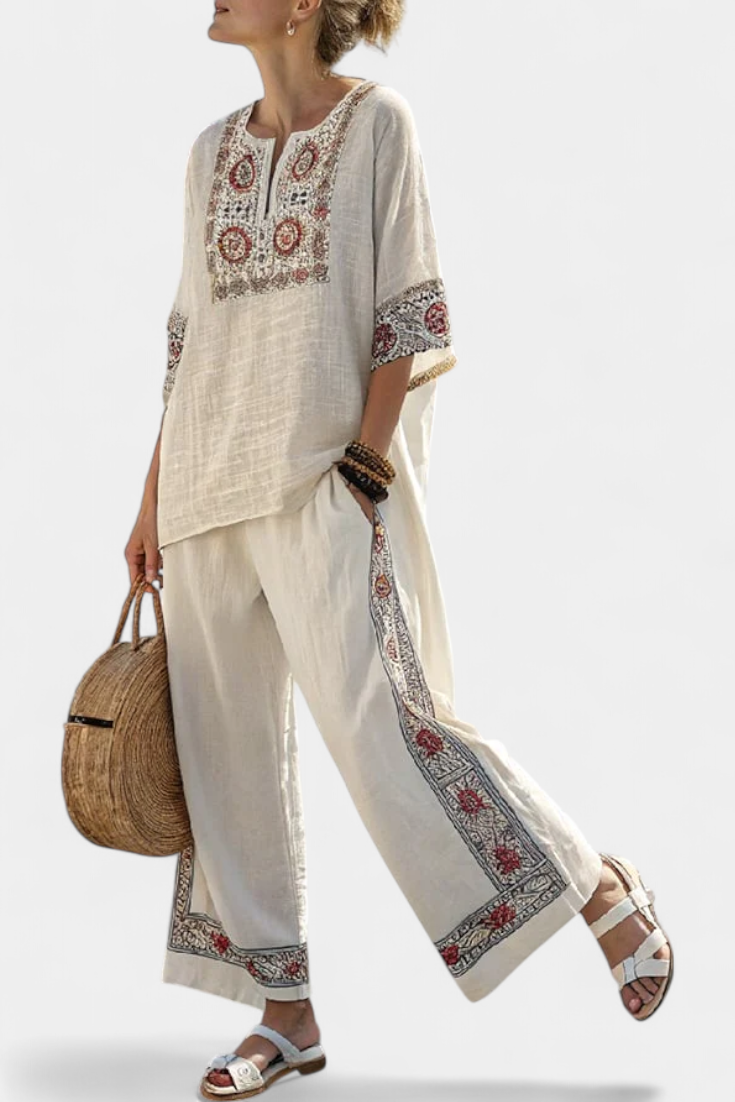 Tameric | Sophisticated Embroidered Raw Blouse & Wide Trousers
