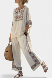 Tameric | Sophisticated Embroidered Raw Blouse & Wide Trousers