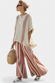 Mirella | Sophisticated Textured Red-Stripe Top & Linen Trousers
